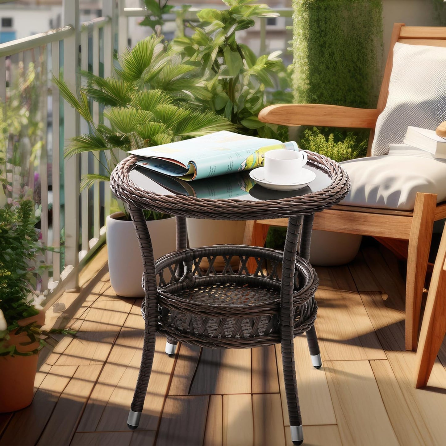Outdoor Side Table Patio Wicker Coffee Table Outdoor End Table Rattan Bistro Table with Storage & Black Glass Table Top Round for Outside Balcony Porch Backyard Deck Brown