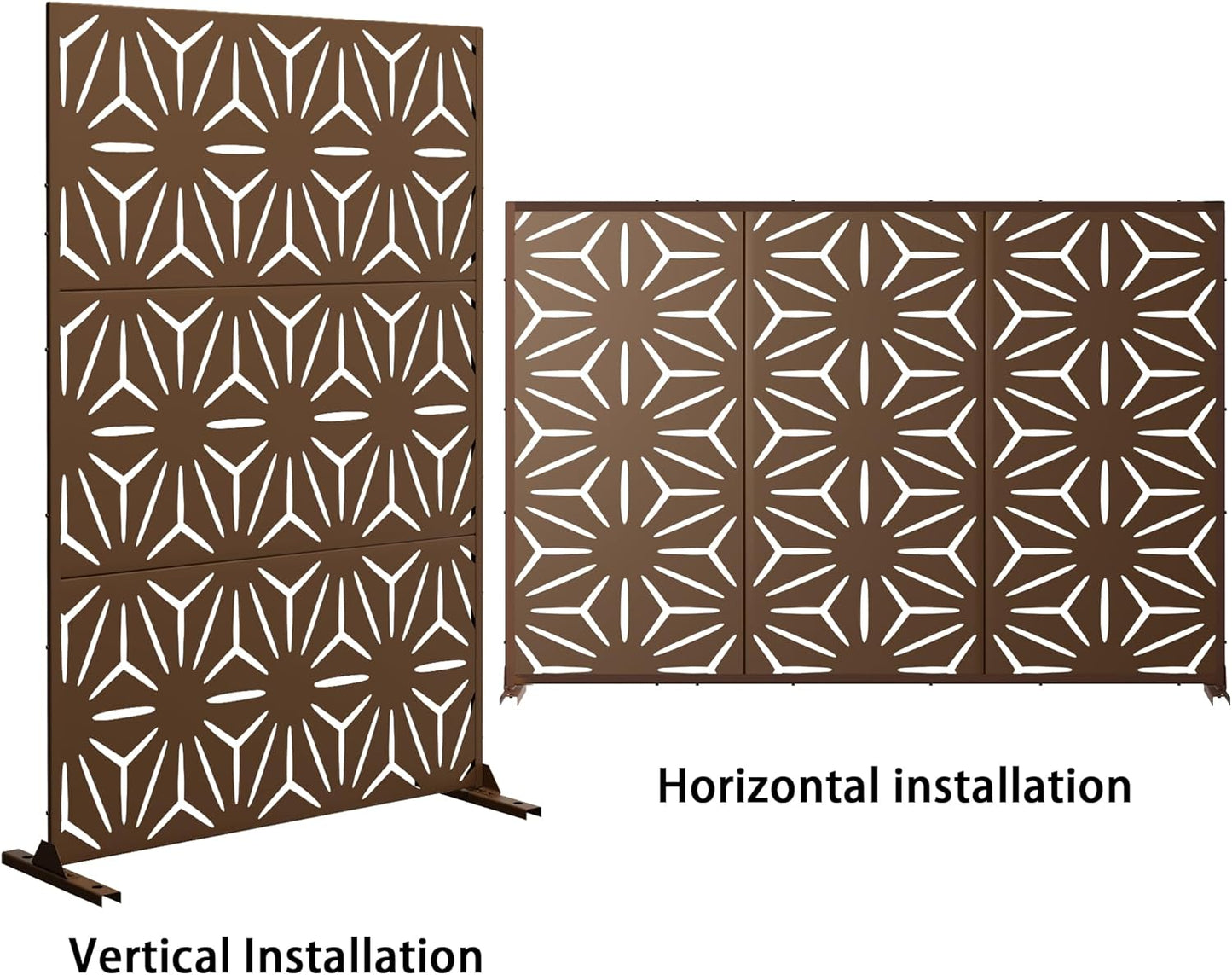 Metal Privacy Screen Outdoor 72" H×47" W,Freestanding Decorative Privacy Screen for Balcony Yard&Garden,Privacy Fence-Brown&Star