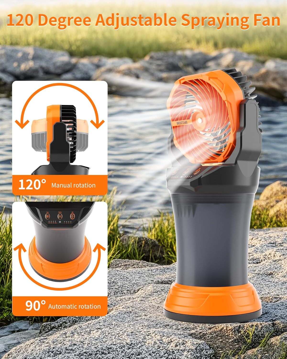 Portable Misting Fan with Large Battery Fan-Rechargeable Outdoor Misting Cooling Fans with 2L Water Tank,RGB Lights,4 Speeds & Spray Modes-for Patio, Camping, Beach, Workshop (X65 Orange)