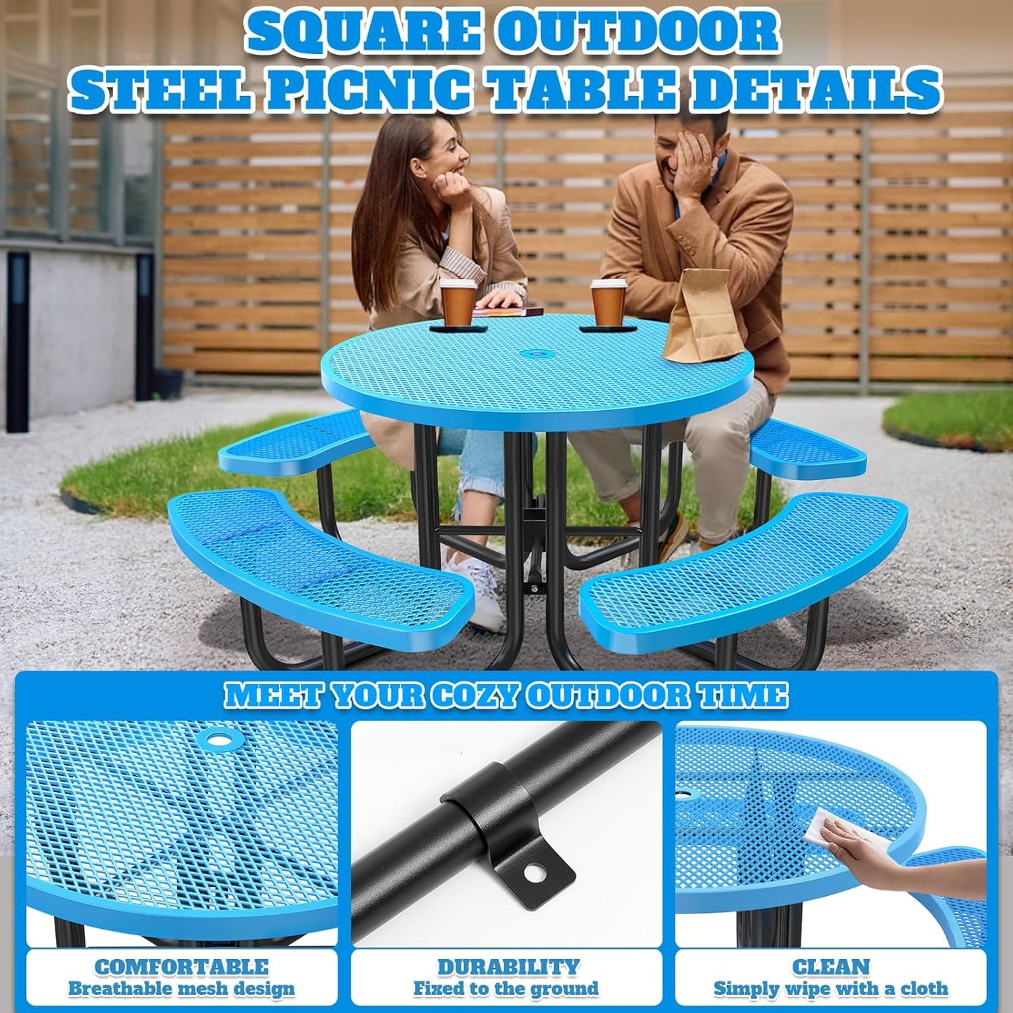 Heavy-Duty Park Bench or Table for Outside - Black Coated Outdoor Furniture Steel Bench, Commercial-Grade Outdoor Benches Weatherproof for Park, Patio, Porch (Blue, 46” (Rd. Table))