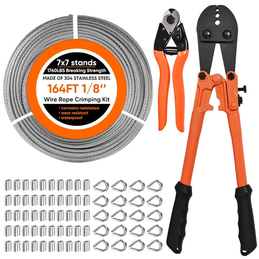 164FT 1/8" Stainless Steel Cable with Wire Rope Crimping Tool and Cable Cutter, 1760 lbs Breaking Strength, 7x7 Strands Aircraft Cable for Deck Railing, Porch Fence, String Light