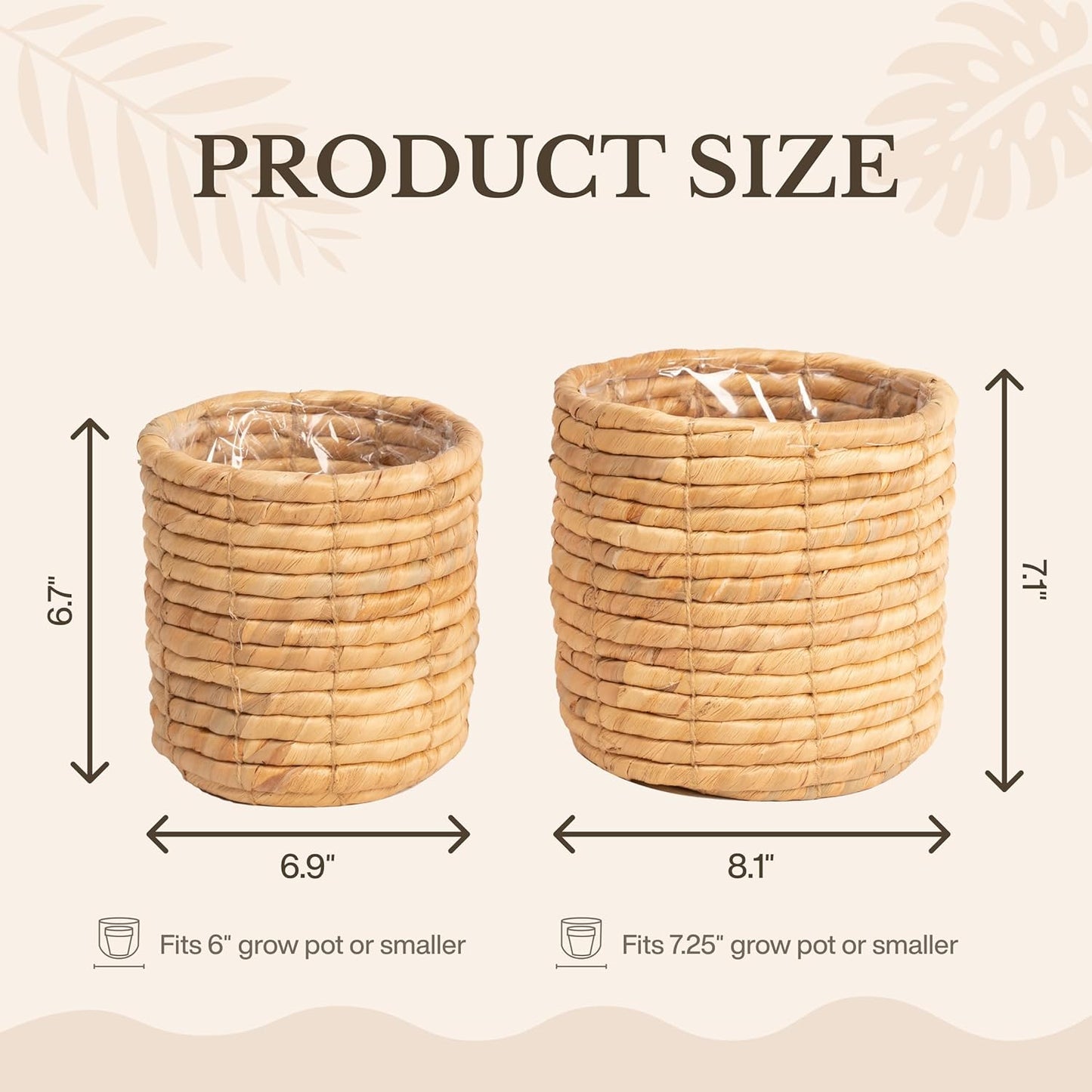 Set of 2 Water Hyacinth Planter Pot Indoor for Plant, Flower, Succulent, Basket Planter, Decorative Pot Cover (Natural)