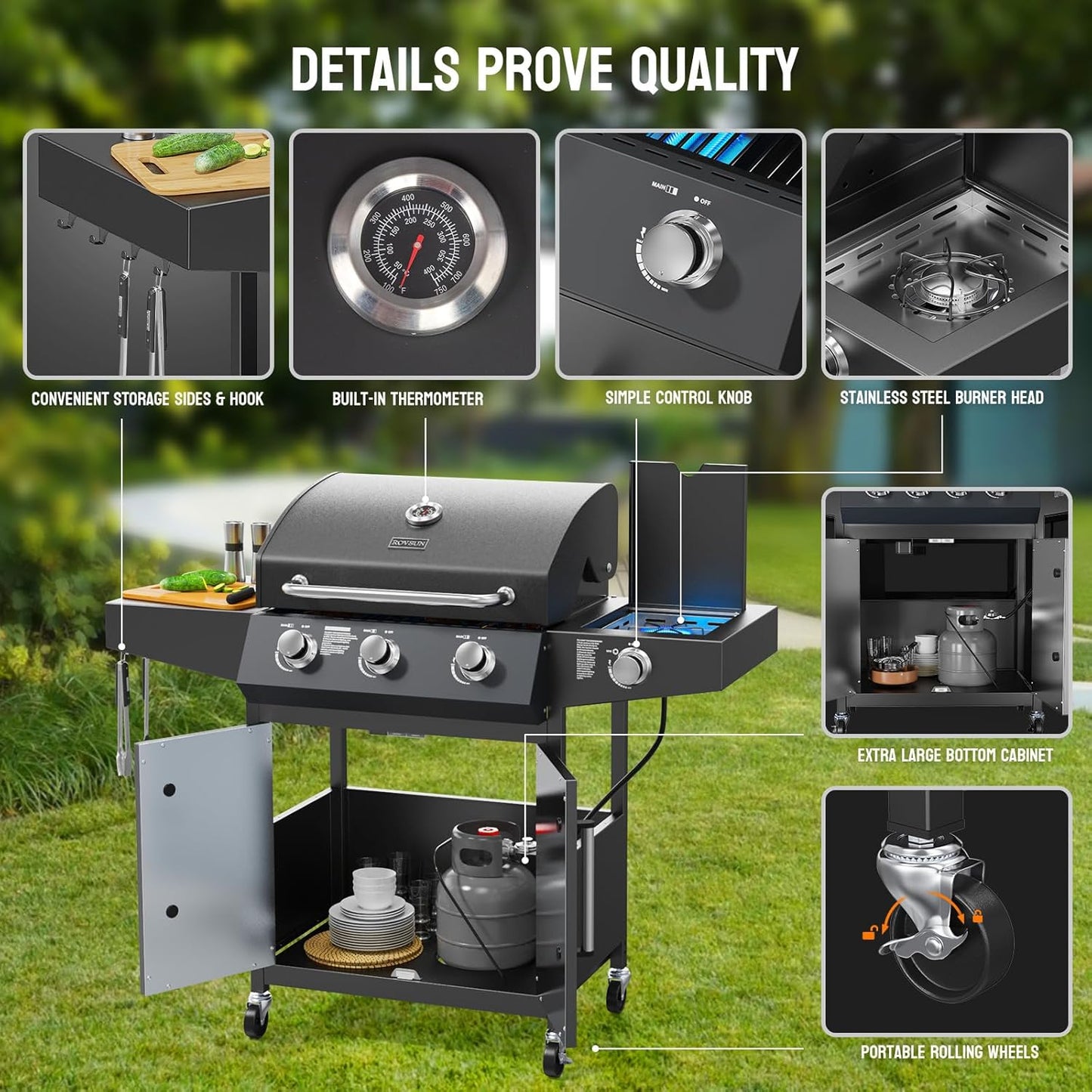 ROVSUN 3 Burner Propane Gas Grill with Side Burner, 46,000BTU BBQ Grills with Enameled Cast Iron Grates, Shelf & Cabinet for Outdoor Garden Patio Backyard Barbecue Cooking