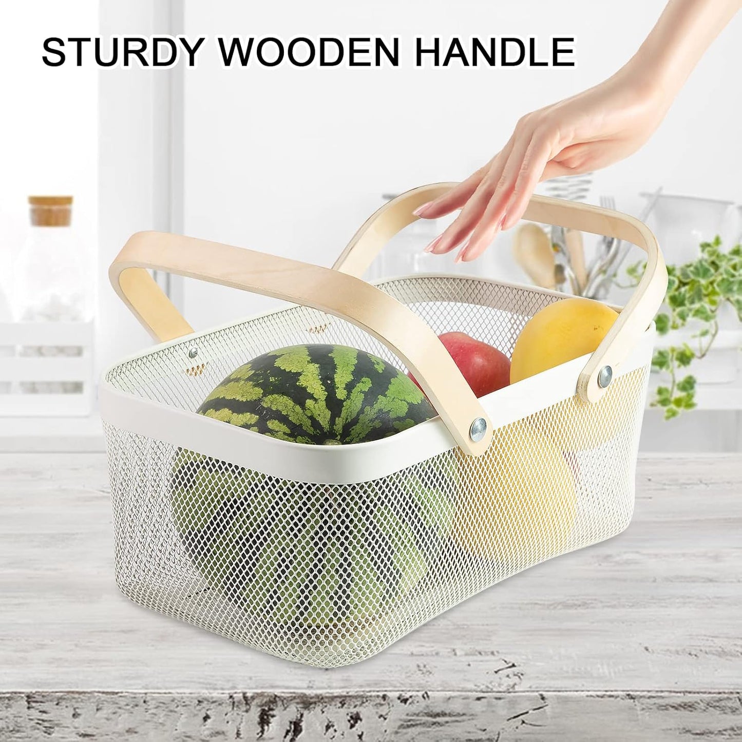 Portable Garden Harvest Basket-Mesh Design Natural Bamboo Handle Wire Storage Baskets,Mesh Basket with Handle Organize Items Reduce Space Occupation,Suitable for Kitchen,Garden,Picnic(White)
