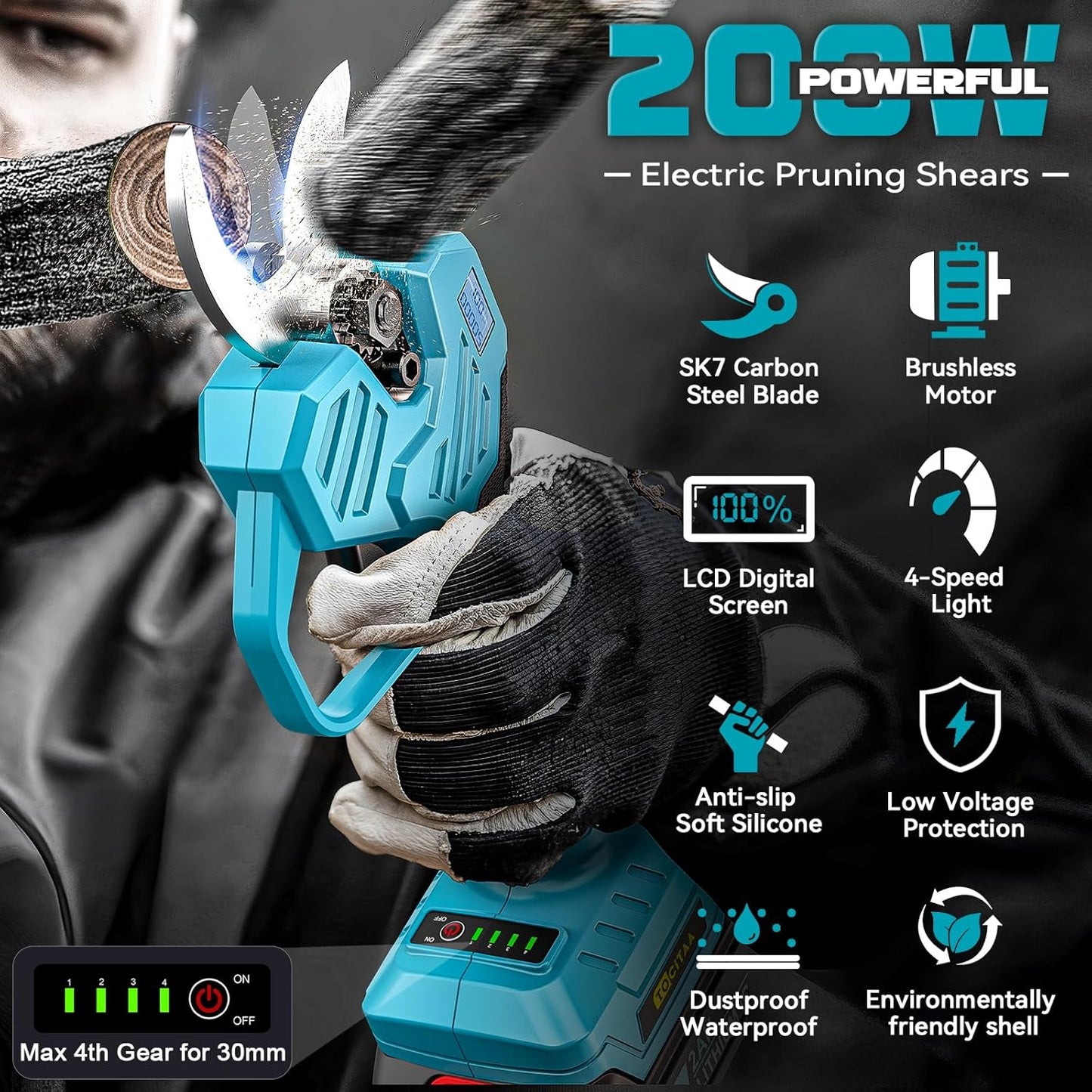 TOCiTAA Electric Pruning Shears Compatible with Makita Battery, Pruners for Gardening 1.5-2 Inch Cutting Diameter with 2 Pack 2.0Ah Batteries, Cordless 13ft. Pole Pruner with Pruning Blade