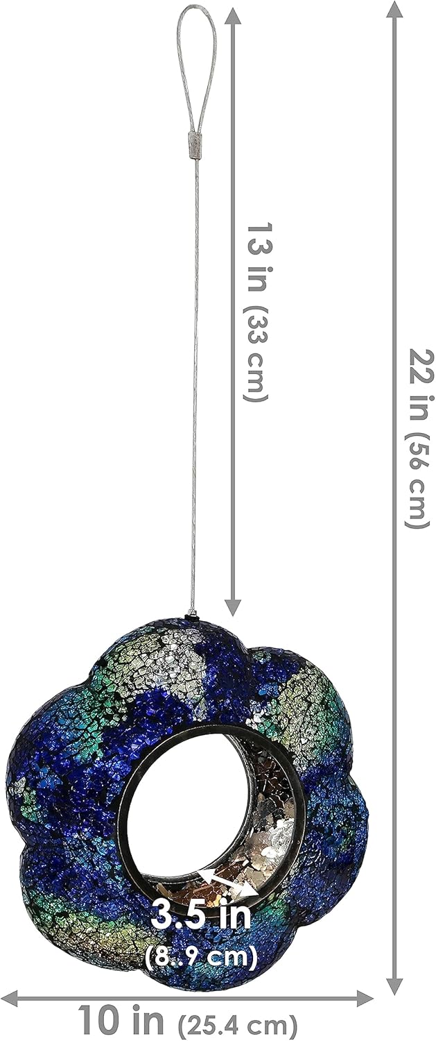 Sunnydaze 10-Inch Glass Mosaic Hanging Bird Feeder for Outdoors - Fly-Through Wild Bird Feeder - Indigo Flower Mosaic