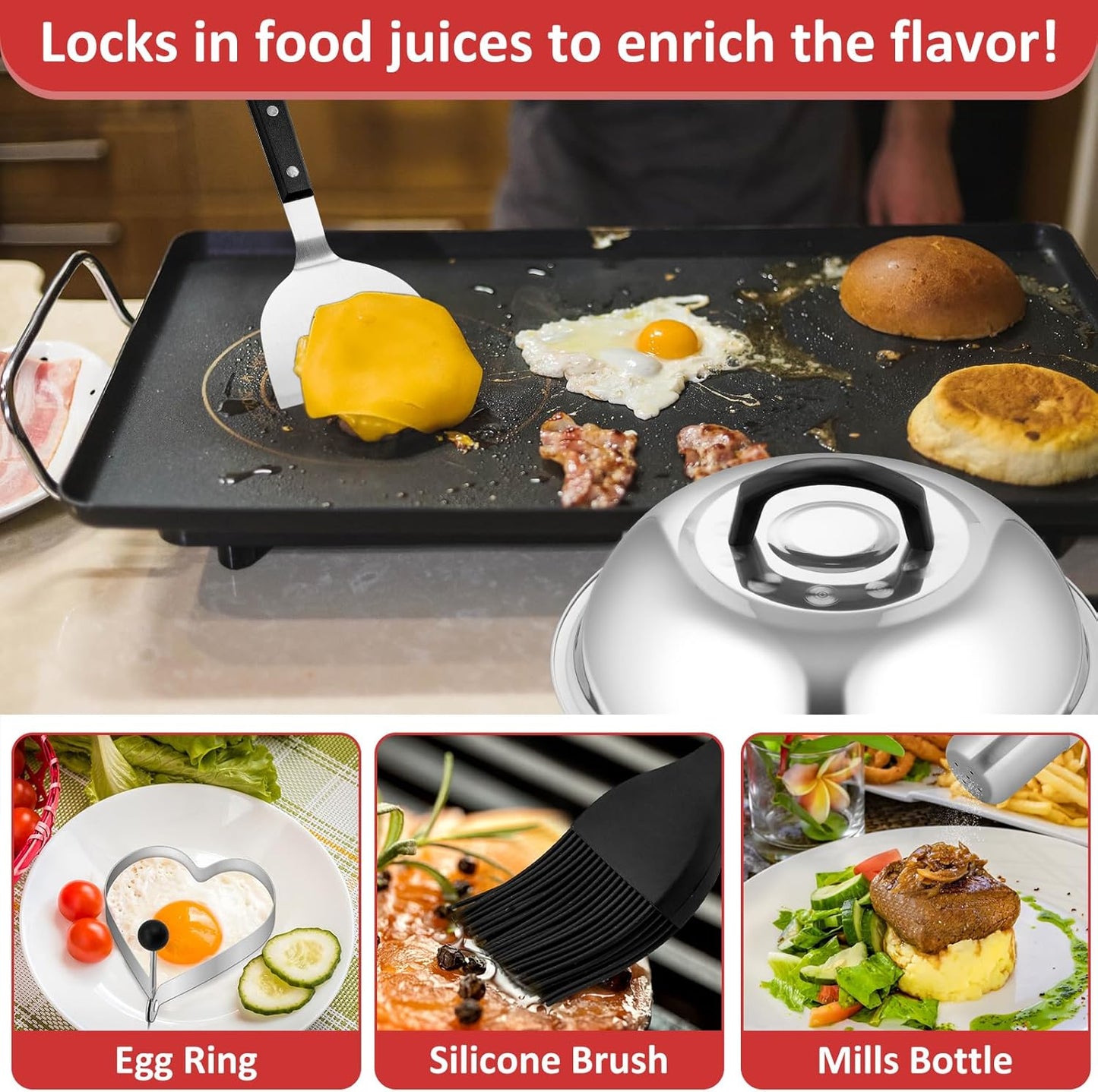 Griddle Accessories Set of 25, Leonyo Grill Accessories for Outdoor, Commercial BBQ Tools Grilling Smash Burger Press Kit with Enlarged Metal Spatulas Scraper for Flat Top Grill, Hibachi, ABS Handle