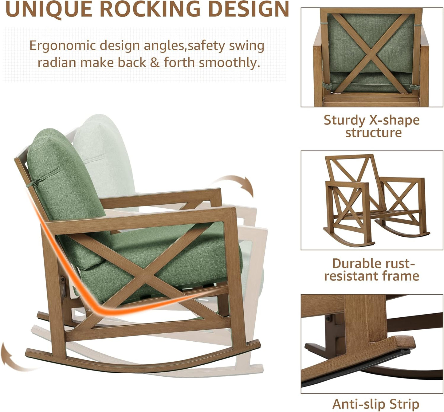 NATURAL EXPRESSIONS Rocking Bistro Set, 3 Piece Outdoor Patio Conversation Furniture Set with 2 Rockers and 1 Metal Coffee Table with Thick Cushions for Backyard,Porch,Poolside,300lbs