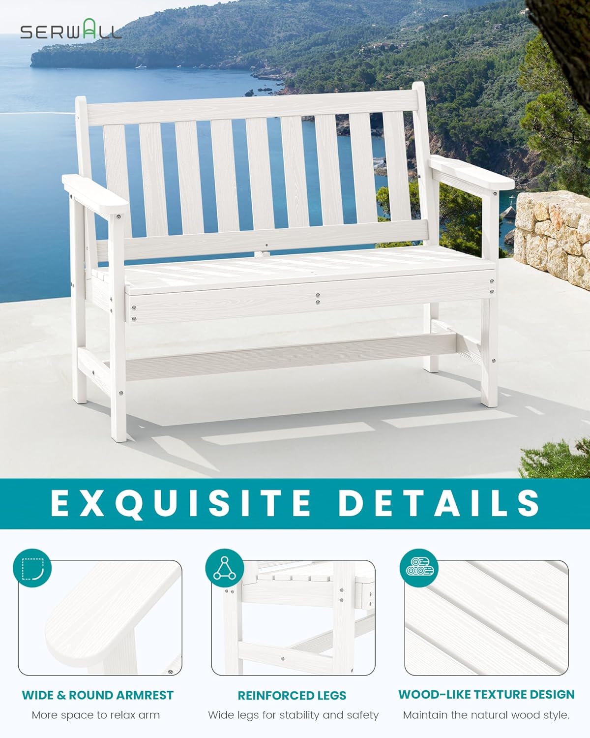 SERWALL Outdoor Bench, HDPE Outdoor Benches Weatherproof, 2-Person Garden Bench with 660 lbs Weight Capacity, Patio Benches for Outdoors, Garden, Porch, Backyard and Park, White, 2 Pack