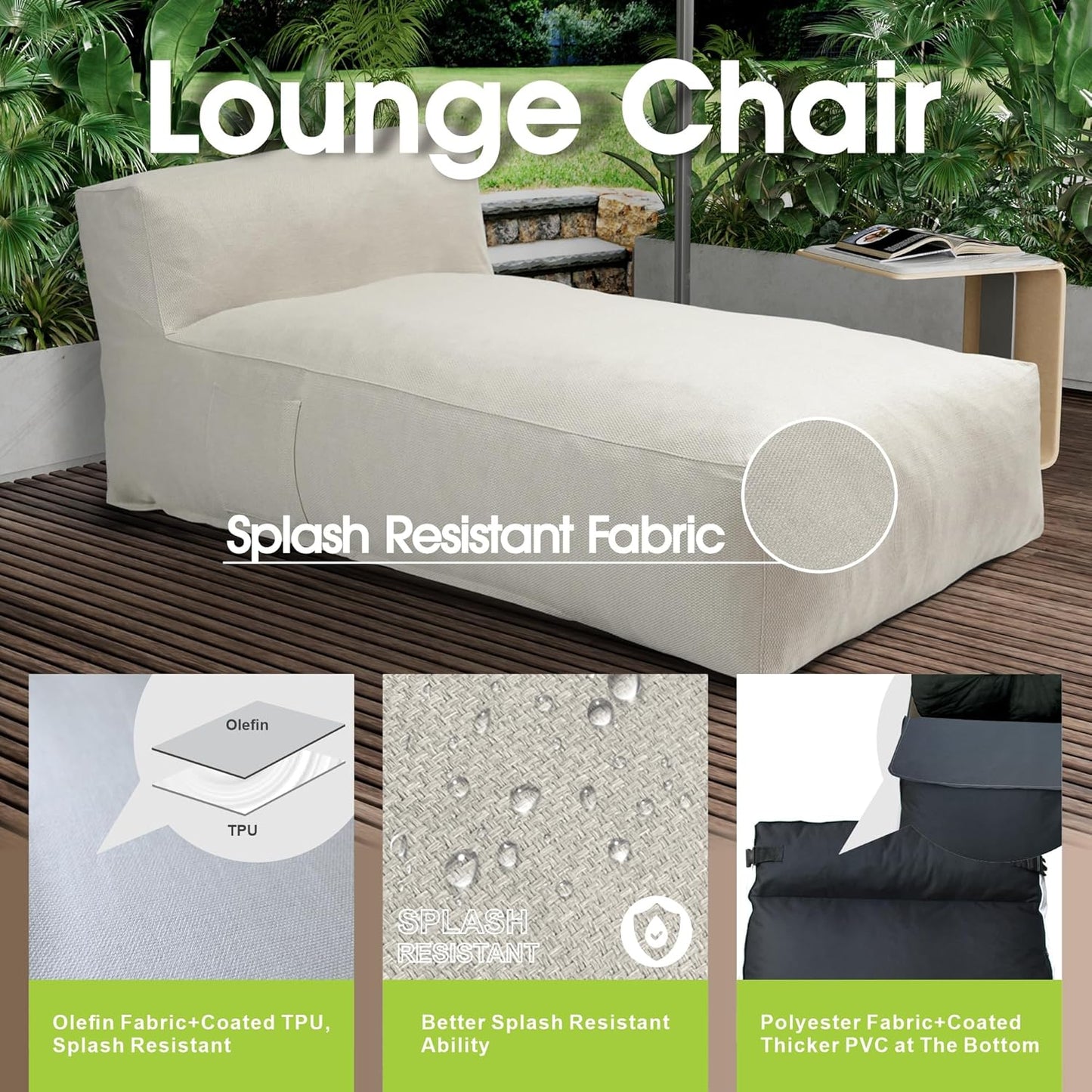 Outdoor Bean Bag Lounger Chair, Big Comfy Outdoor Daybed for Sunbathing and Tanning - Water-Resistant Patio Chaise and Pool Sun Lounger Furniture for Beach Deck (Ivory)