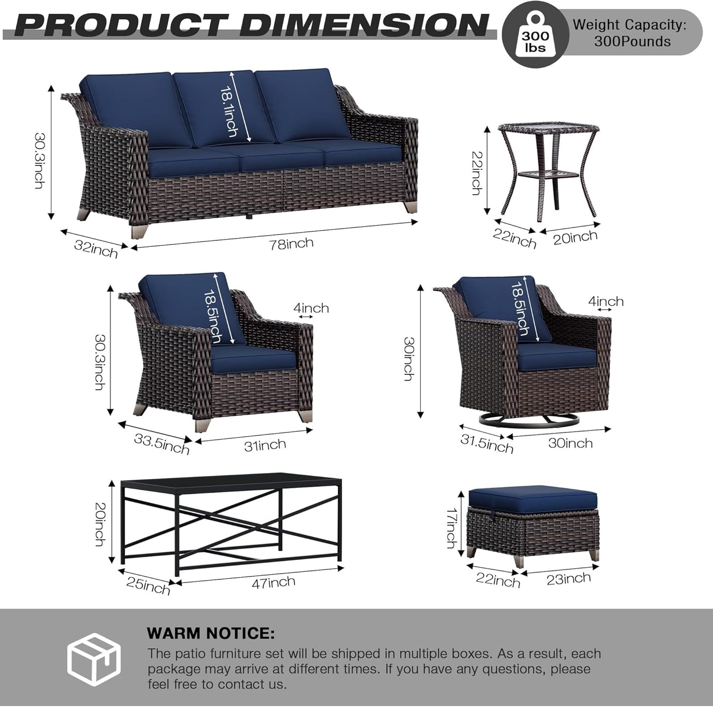 Joyside Wicker Patio Furniture Sets, 6 Pieces Upgraded Large Size Outdoor Furniture with Swivel Rocking Patio Chairs, Outdoor Ottoman, 3-Seat Sofa and Side Table, Thick Cushions, Wide Armrest