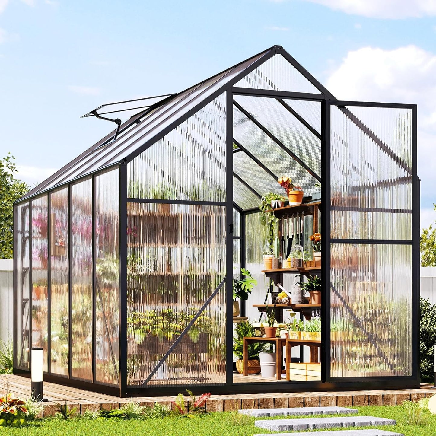 Jocisland 6x10x6.3 FT Polycarbonate Greenhouse for Outdoors with 2 Windows, Dual Swing Doors, Aluminum Walk-in Frame, Heavy Duty Garden Greenhouse for Backyard, Black