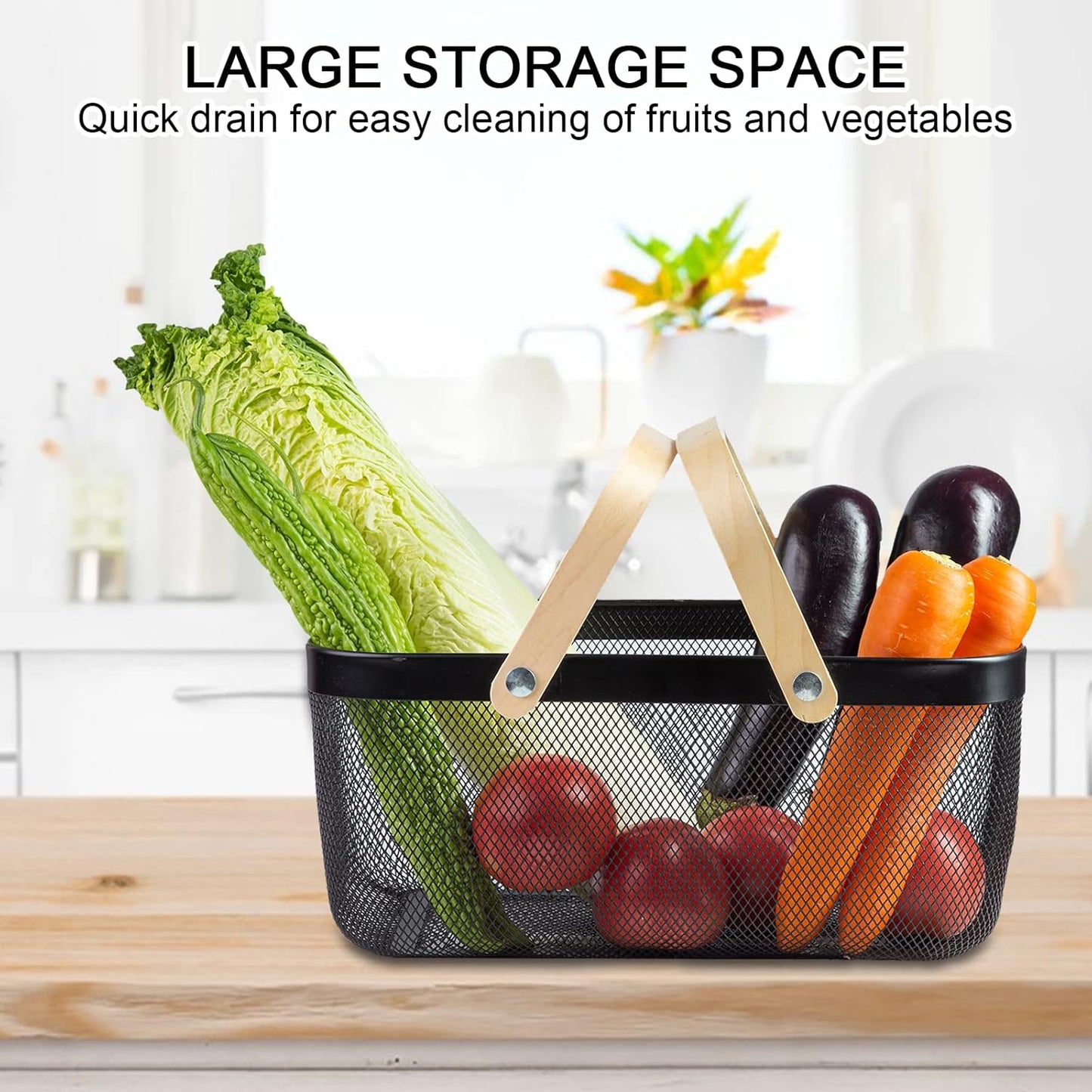 Portable Garden Harvest Basket-Mesh Design Natural Bamboo Handle Wire Storage Baskets,Mesh Basket with Handle Organize Items Reduce Space Occupation,Suitable for Kitchen,Garden,Picnic(Black)