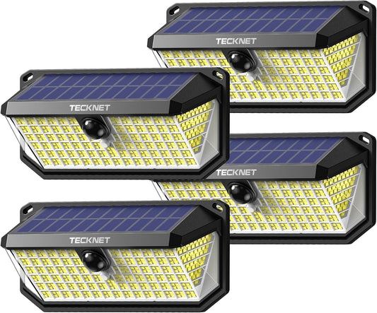 TECKNET 461 LED Solar Powered Outdoor Lights, 270° Angle & 3 Lighting Modes Motion Sensor Light Outdoor, Security Solar Lights Waterproof for Fence Front Door Yard Deck Garden Garage House - 4 Pack
