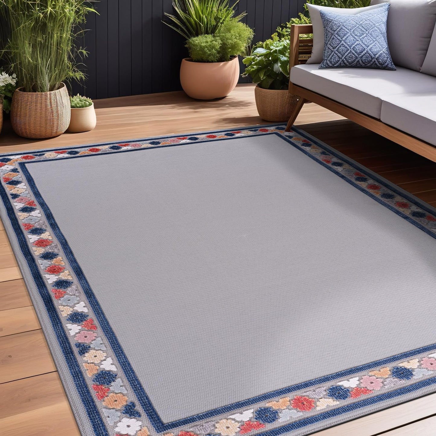 Beverly Rug Outdoor Rug 4x6 Modern Bordered Area Rugs for Indoor and Outdoor Patio Easy to Clean Non Shedding Living Room Porch Garden Washable Outside Carpet (4 x 6 Gray)