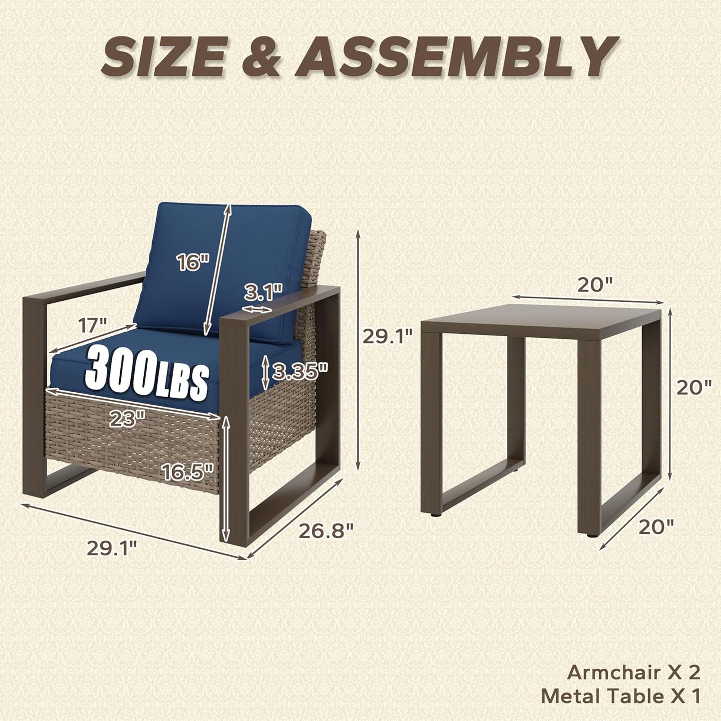 Outdoor Wicker Metal Chairs Set of 2 with Matching Side Table - 3 Pieces Patio Bistro Set with Removable Olefin Fabric Cushions & Rectangular Framed Wood-Looking Metal Armrest, Dark Blue