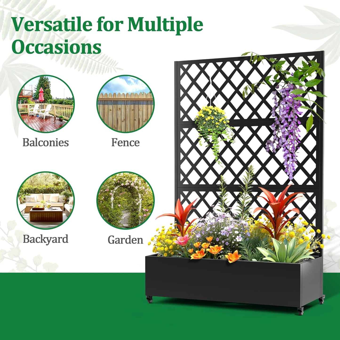 Metal Raised Garden Bed with Trellis and Wheels, 2 in 1 Trellis with Planter Box & Privacy Screen for Climbing Plants, Outdoor Standing Flower Beds with Drainage Holes, 47.2''L×15.7''W×70.9''H, Black