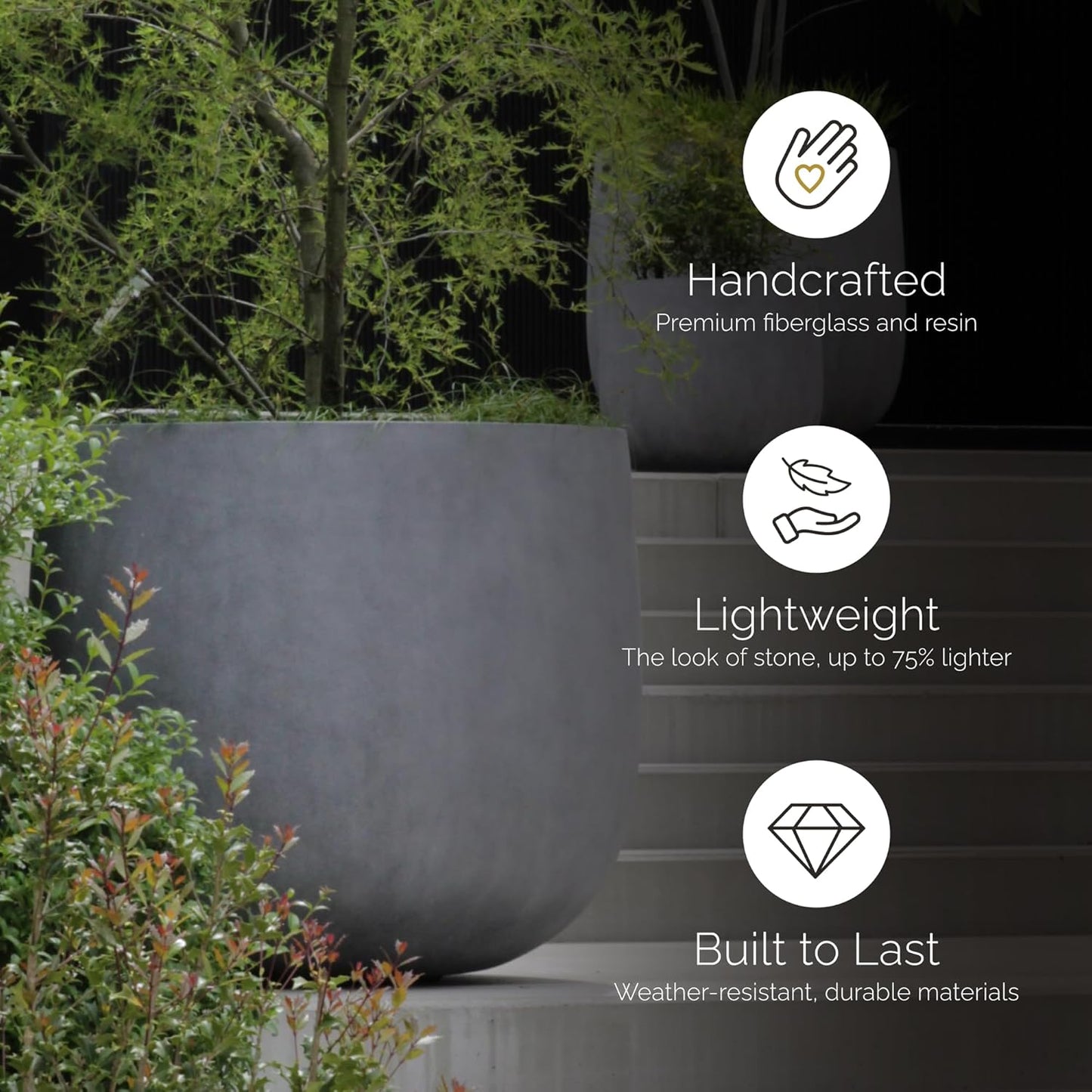 Mondo Large Planter – Concrete Stone Finish – Fiberglass Indoor/Outdoor and Weather-Resistant Round Planter (39.4" D x 40" H Exterior, 37.8" D x 39.4" H Interior)