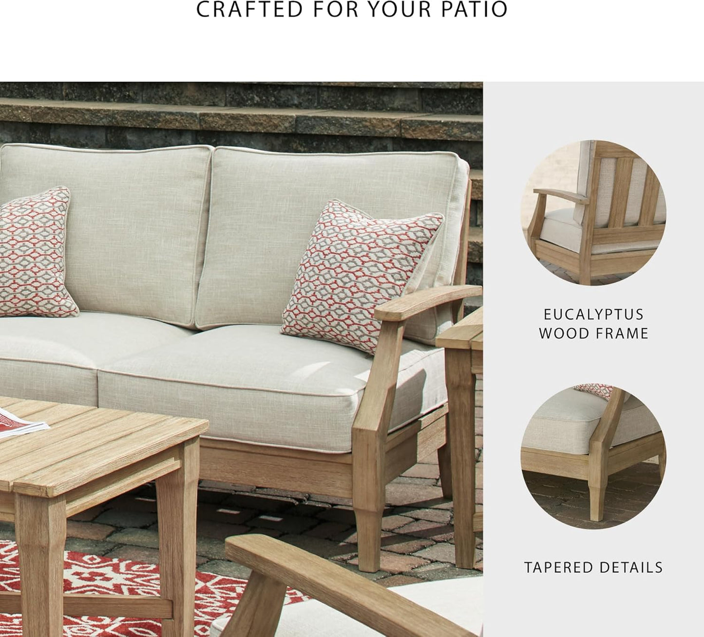 Signature Design by Ashley Clare View Coastal Outdoor Patio Eucalyptus Loveseat with Cushions, Beige