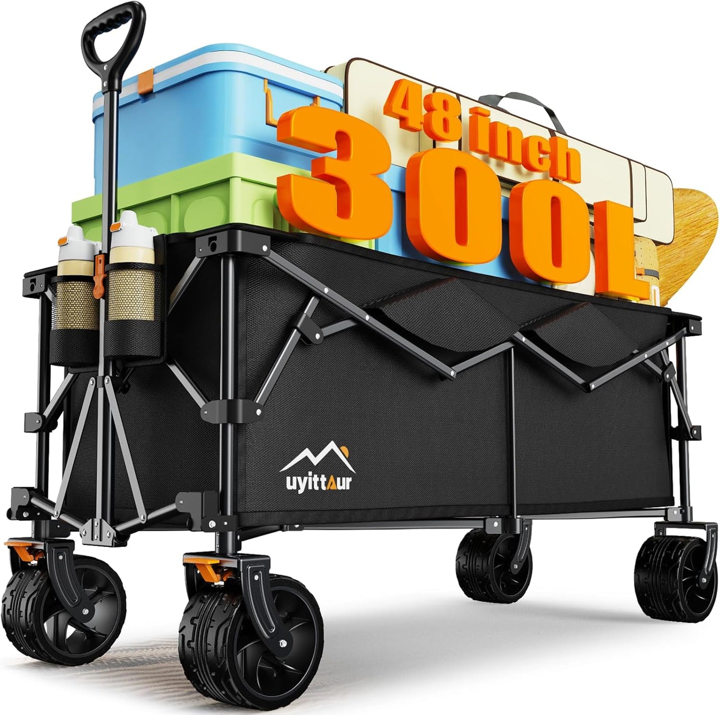 300L Extra Large Collapsible Foldable Wagon, 440lbs Load Capacity 48''L Extended Heavy Duty Folding Beach Wagon with Big All-Terrain Wheels, Utility Garden Cart for Outdoor Activities, Black