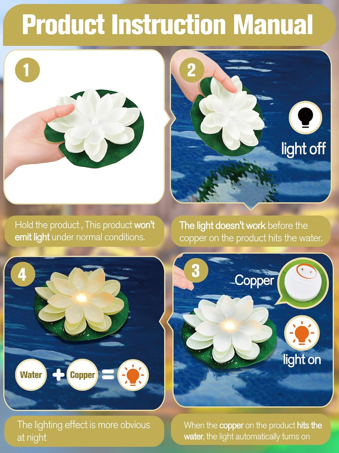 Hortsun 12 Pcs Floating Lotus Lights with Batteries Lily Pads Pool Flowers Diwali Pooja Decorations Floating Candles Decor for Pool Pond Outdoor Indoor(3.94/5.91 Inch,White)