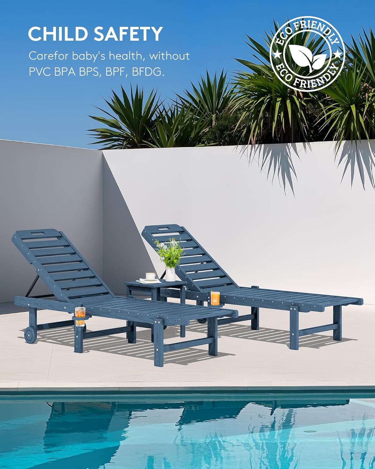 SERWALL Patio Chaise Lounge Set of 2, Outdoor Lounger with Cup Holder and Rolling Wheels, HDPE Pool Chaise for Poolside, Deck, Sunbathing, Blue