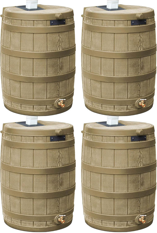 Good Ideas Rain Wizard 50 Gallon Plastic Outdoor Home Rain Barrel Water Storage Collector with Brass Spigot and Flat Back Design, Khaki (4 Pack)