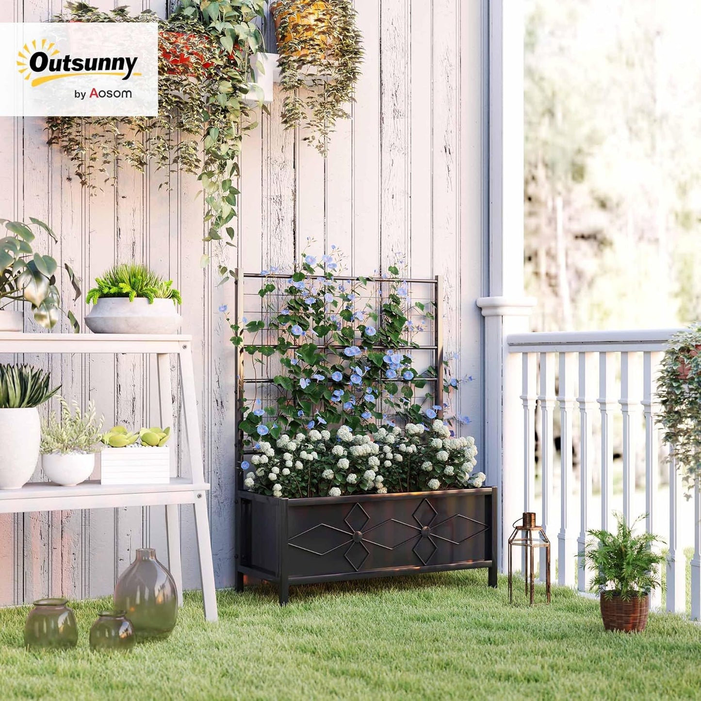 Outsunny Planter Box with Trellis, 35.4 x 15.7 x 47.2 inch Raised Garden Bed with Drainage Holes, Planters for Outdoor Plants, Vegetables, Flowers, Herbs, Trellis Planter, Black