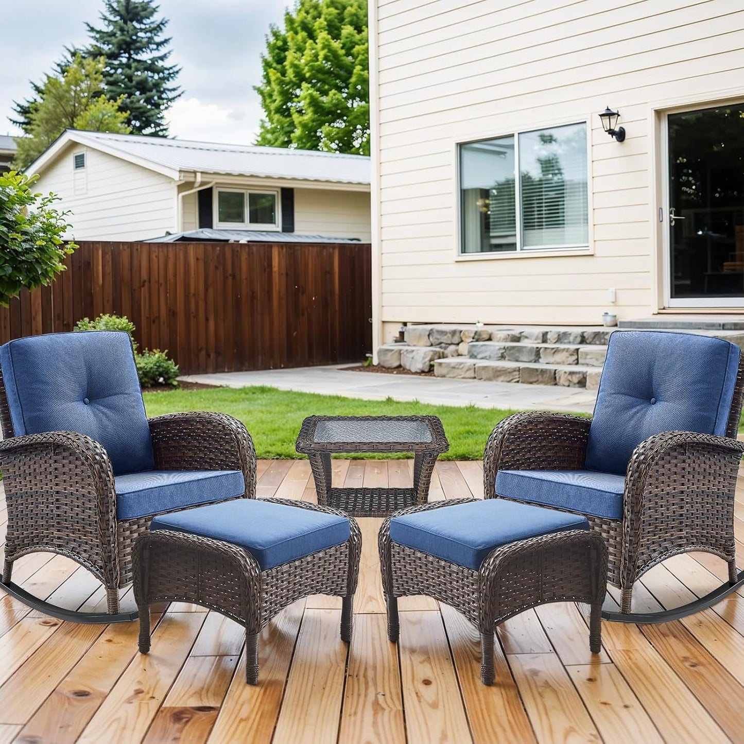 HUMMUH 5 Pieces Wicker Patio Furniture Set,Outdoor Rocker Chairs,Patio Ottomans,Glass Top Side Table,Outdoor Conversation Set for Porch Deck Backyard Poolside