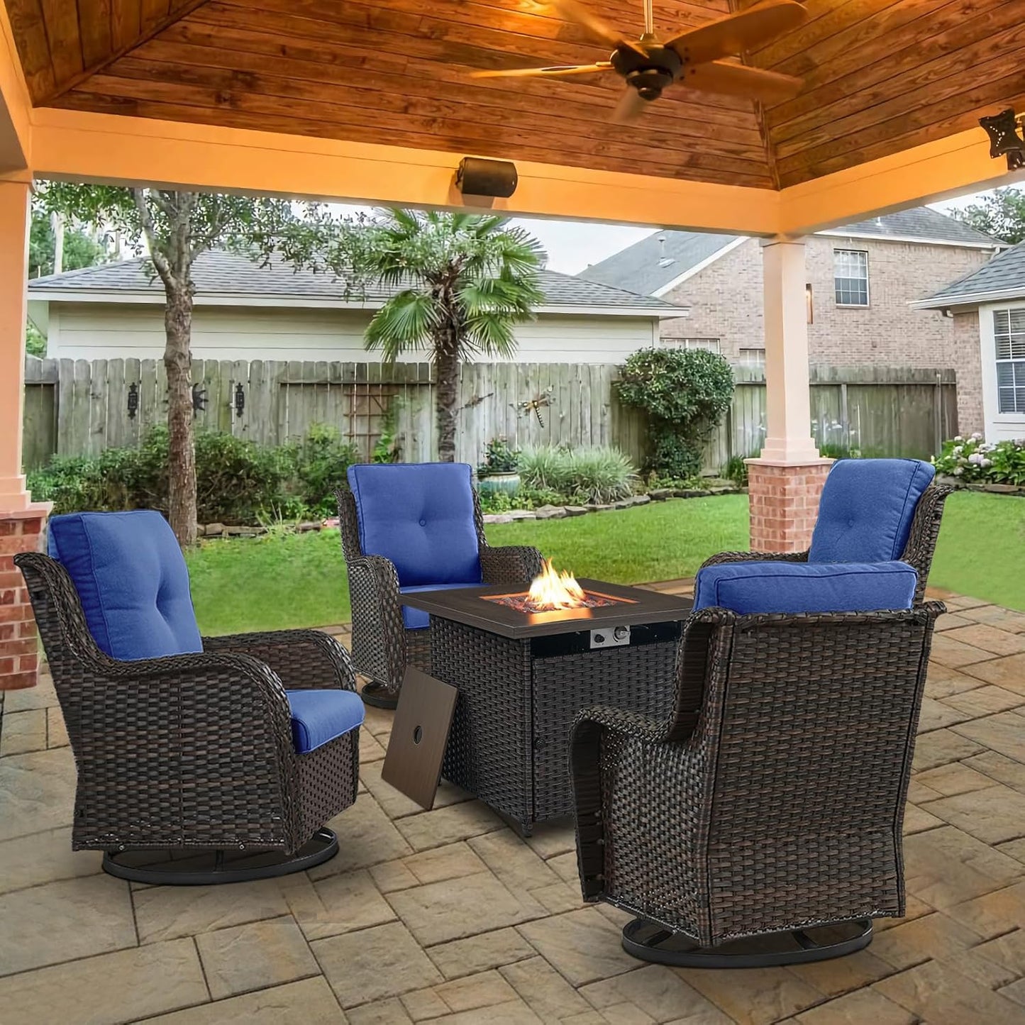 5 Pieces Patio Wicker Furniture Set - 4 Outdoor Swivel Rocker Glider Chairs with Propane Fire Pit Table, Warm Patio Conversation Set Blue Cushion Perfect for Casual Gathering