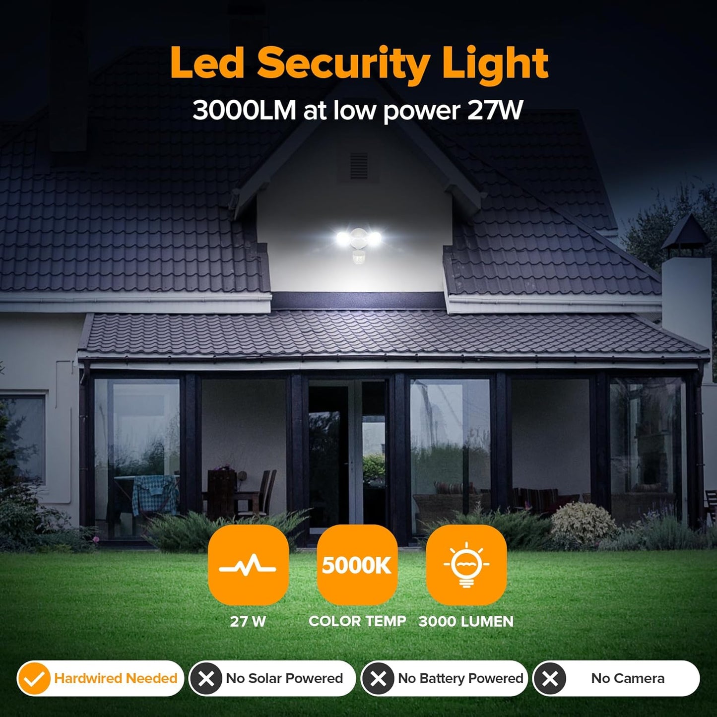 UME LED Security Light Motion Sensor Outdoor Lights, 27W 3000LM, 5000K, IP65 Waterproof, Dusk to Dawn, 2 Head Motion Detector Flood Light for Outside, Garage, Yard (White)