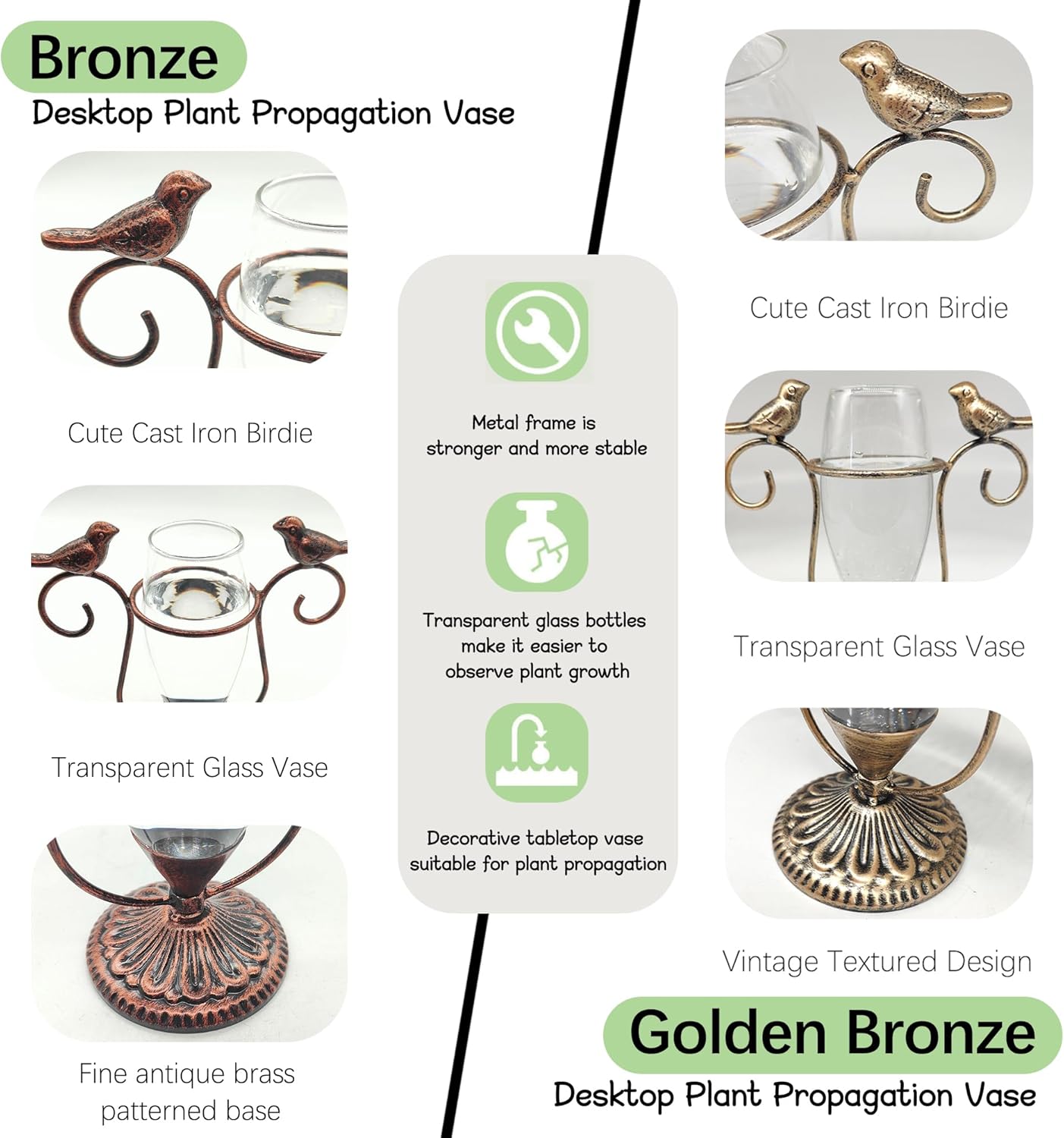 2 Pack Desktop Plant Terrarium,Bird Art Glass Propagation Vase, Propagation Planters with Vintage Metal Frame, Suitable for Decoration of Desktop Hydroponic Plants in Office and Living Room