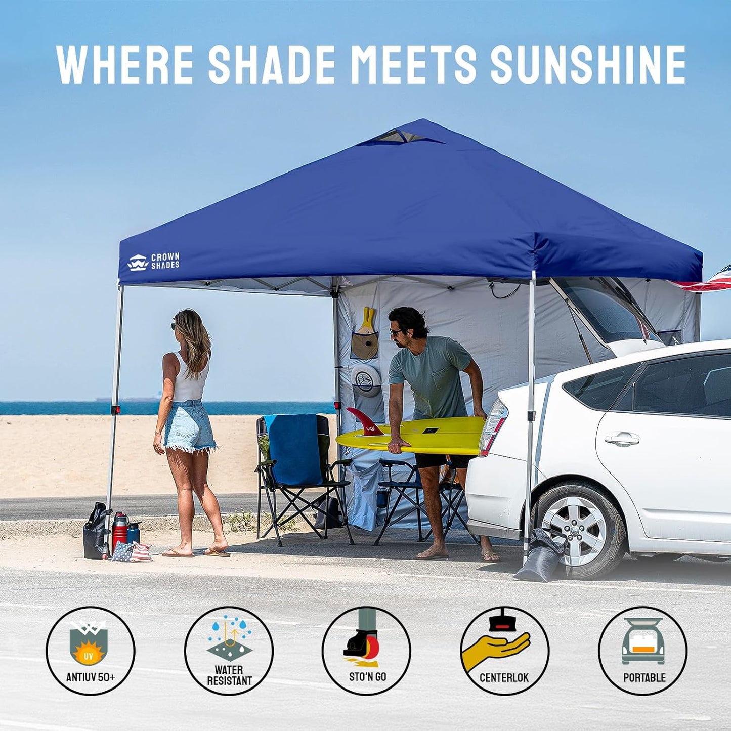 CROWN SHADES Canopy Tent, 10 x 10 Foot Portable Pop Up Outdoor Shelter with Pocket Sidewall, Push Center Lock, UV Protection, and Carry Bag, Navy Blue