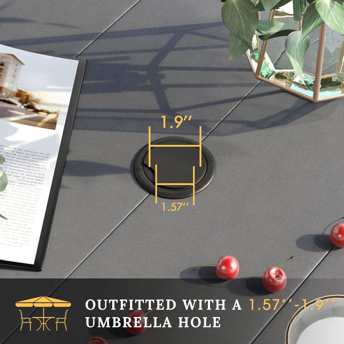 VICLLAX 63" Rectangle Patio Dining Table for 6, Outdoor Dining Table with Umbrella Hole, All Weather 6 Person Metal Patio Table for Lawn Garden, Grey Tabletop