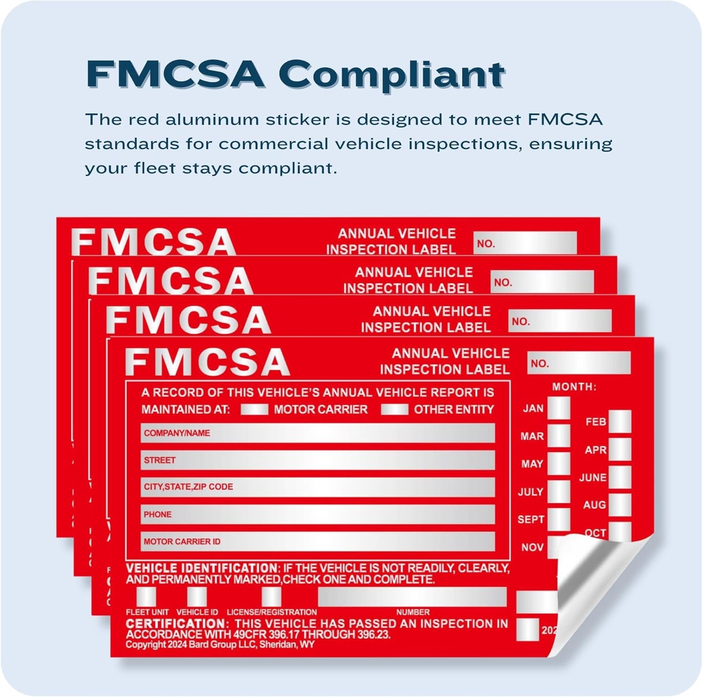 40-Pack DOT Compliant Aluminum Annual Vehicle Inspection Label – Red FMCSA Label with Punch Boxes