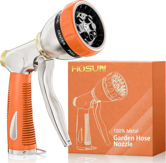 HOSUN Garden Hose Nozzle Sprayer Heavy Duty, 100% Metal Water Hose Nozzle with 8 Spray Patterns, High Pressure Hose Spray Nozzle with Non-Slip Grip for Watering Plant & Lawn, Washing Car & Pet, Orange