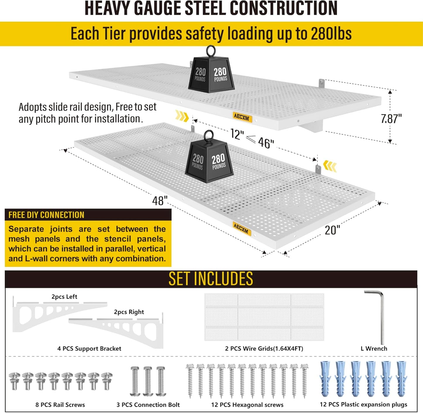 2-Pack 1.64x4ft Adjustable Garage Wall Shelving 560lbs Load Capacity Heavy Duty Wall Mounted Storage Shelf Metal Floating Shelves for Garage(White)