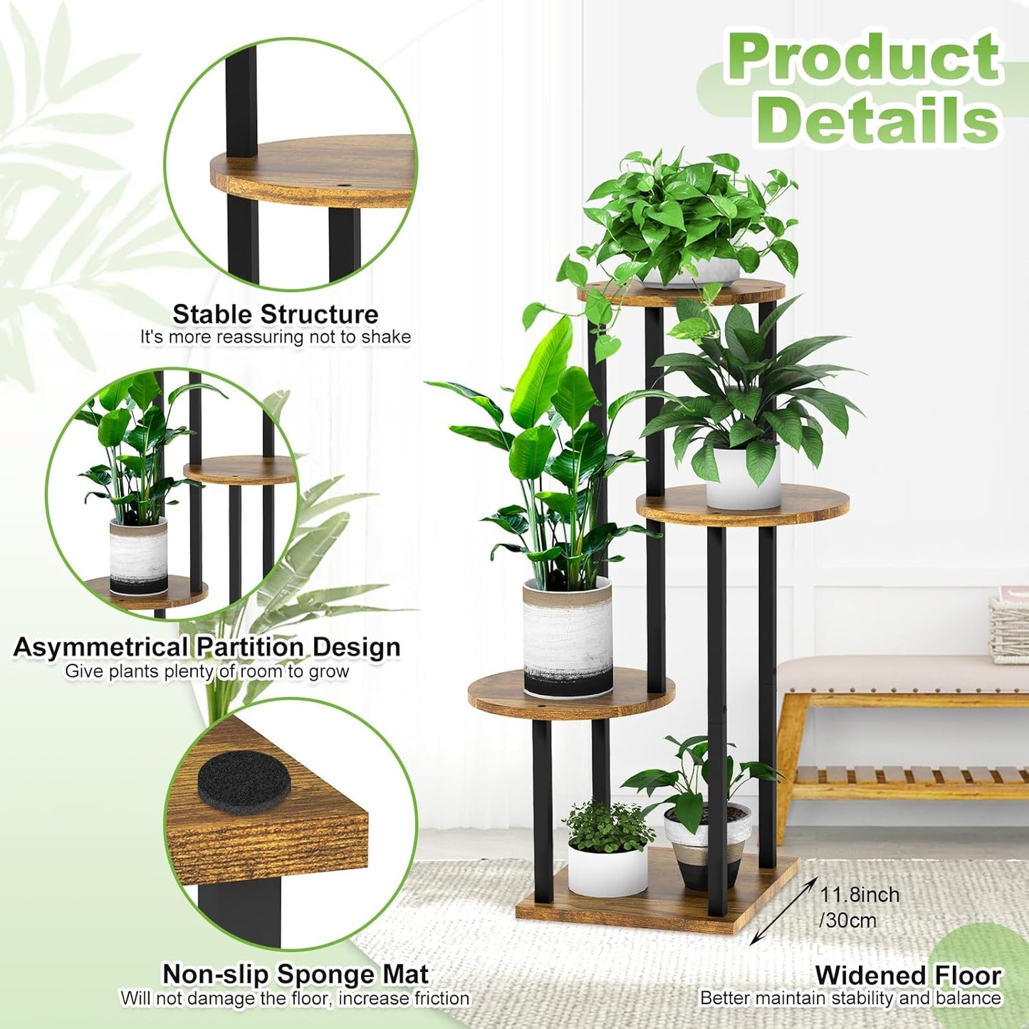4 Tier Wood Tall Plant Stand Metal Rack Indoor, Multiple Flower Pot Holder Shelves Corner Rack, Round Planter Shelf Display Rack Storage Organizer for Patio Living Room Balcony(Black)