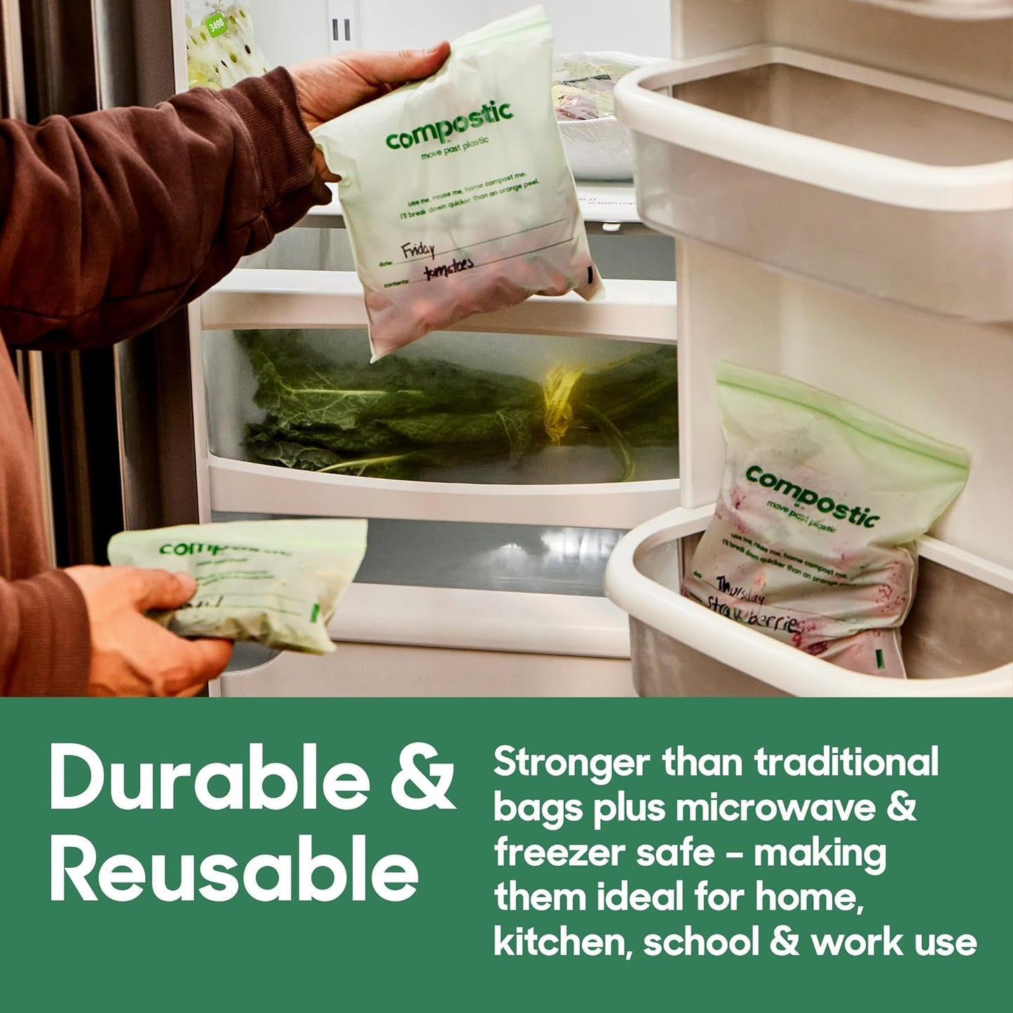 Home Compostable Resealable Gallon Bags (10.5"x10.5"), Microwave & Freezer Safe, Organic Food Storage Container, 100 Count (Pack of 1)