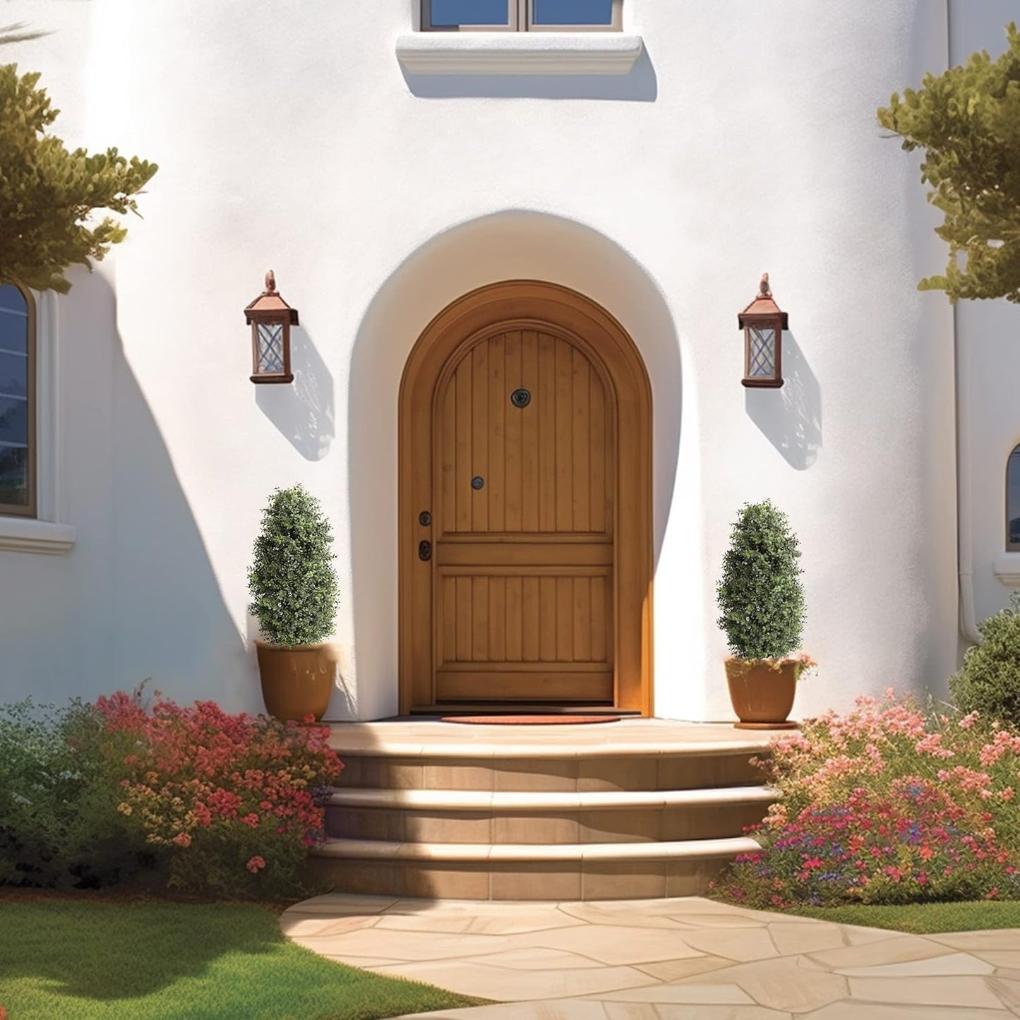 35inch Artificial Topiary Boxwood Tree, Faux Plants Outdoor 2 Packs Fake Bushes Faux Shrub, Artificial Topiary for Outdoors for Home Decor Indoor Front Porch