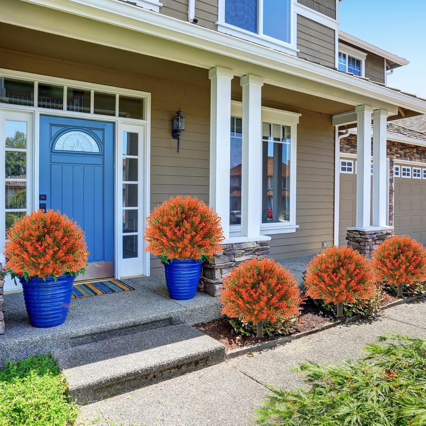 Yunlly 6 Pcs 18 Inch Fall Artificial Boxwood Ball Topiary Tree Outdoor Plants Bush, UV Resistance Faux Shrub with Spike Fall Porch Decor for Indoor Garden Yard Porch Patio Decor (Orange)