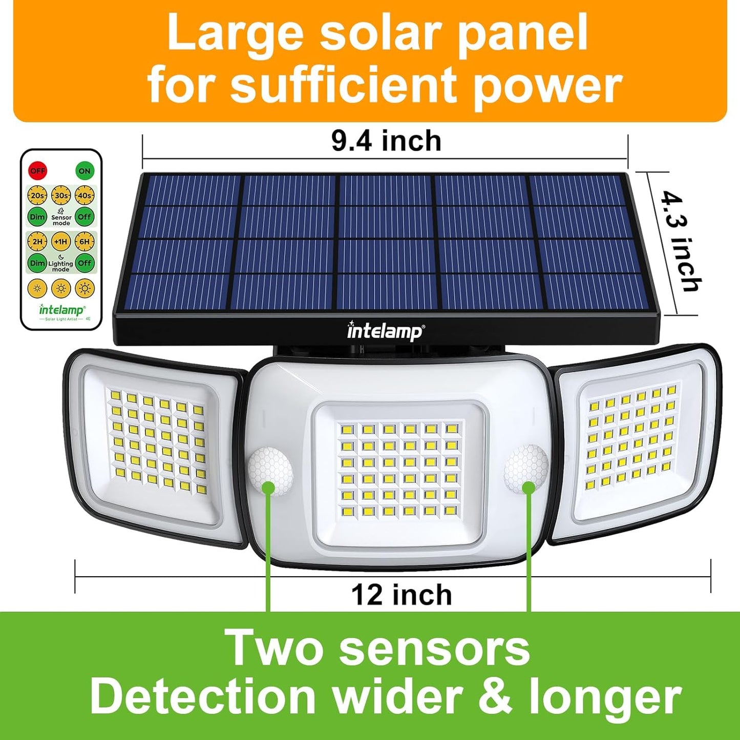 intelamp Solar Flood Lights Outdoor Waterproof, 6000mAh 1200LM Solar Powered Dual Motion Sensor LED Lighting Dusk to Dawn Security Floodlight Exterior with Remote for Outside Garden House Yard Porch