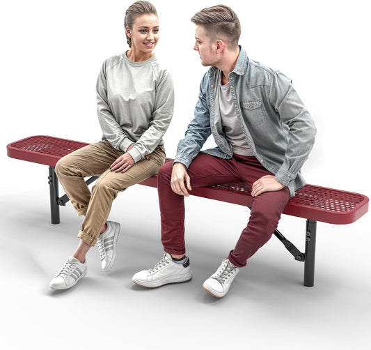 Heavy-Duty Outdoor Metal Bench, Thermoplastic-Coated, Inground, Weatherproof, Commercial-Grade for Parks, Gardens, Patios, Stores & More (6 Ft - Inground, Red)