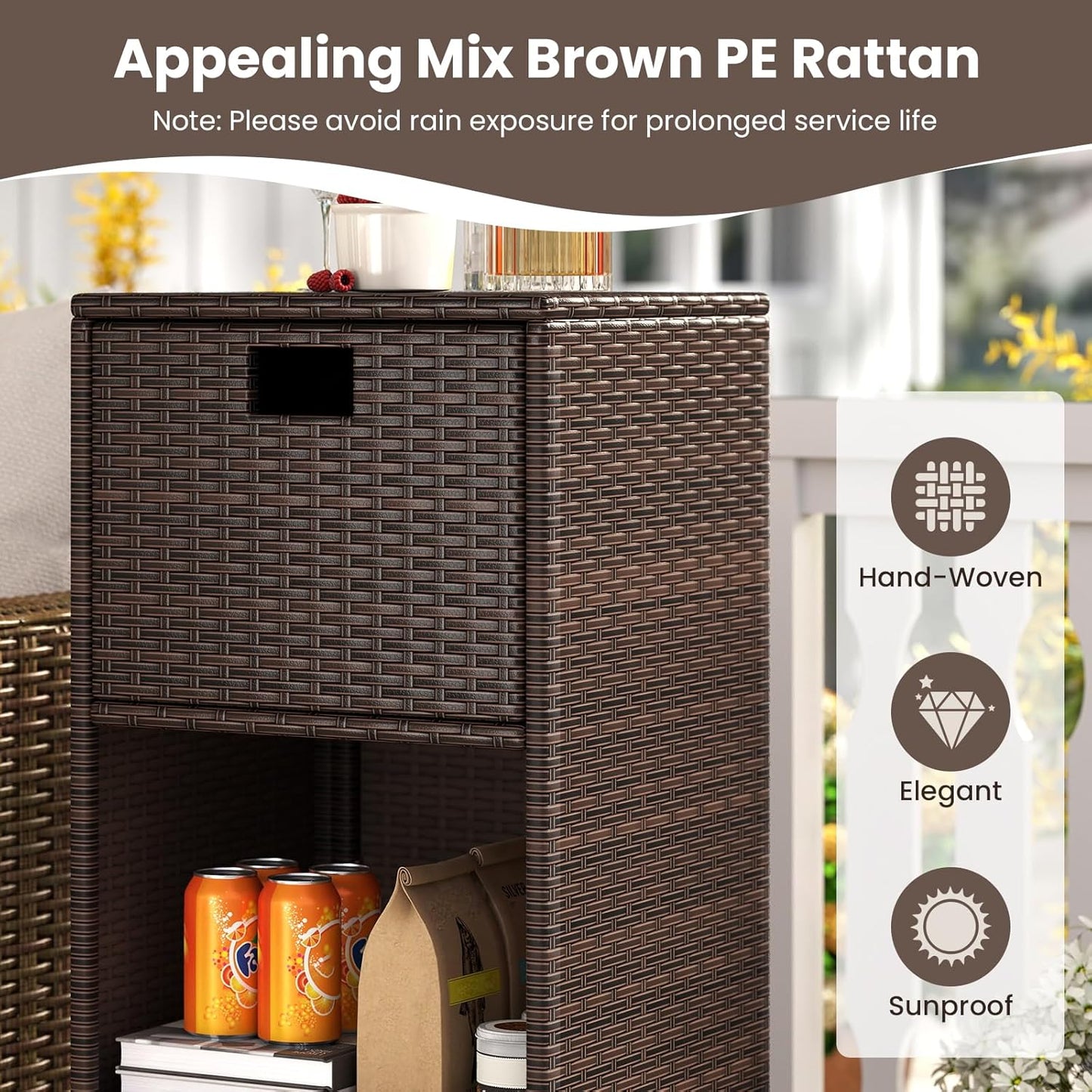 Tangkula Rattan Outdoor Storage Cabinet, Patiojoy Outdoor Wicker Cabinet with 3 Shelves, 1 Removable Drawer, 4 Wheels, Patio Storage Deck Box Cart for Backyard Poolside Porch (Mix Brown)