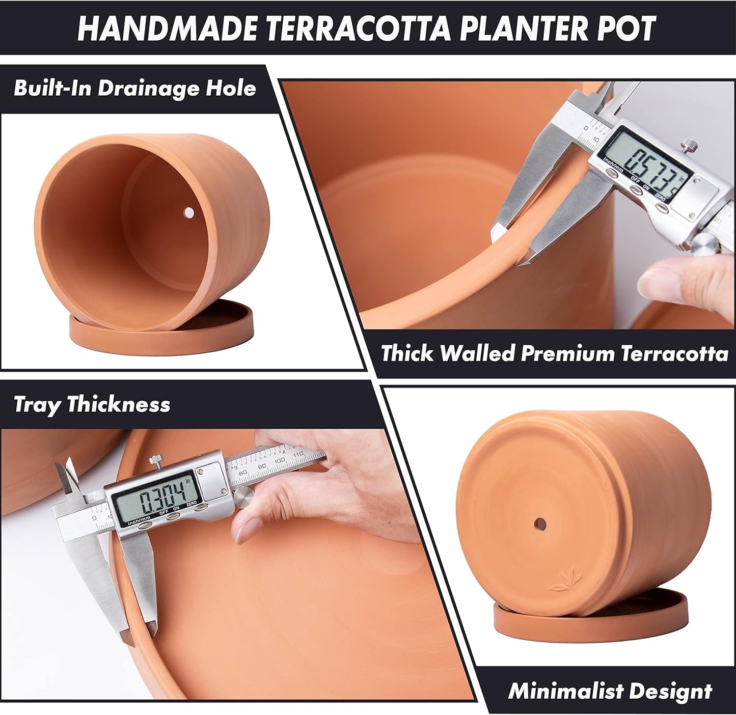 D'vine Dev X-Large 12 Inch Terracotta Plant Pot with Drainage Hole and Saucer, Round Cylinder Planter Pot for Indoor Plants, 40-X-A-6
