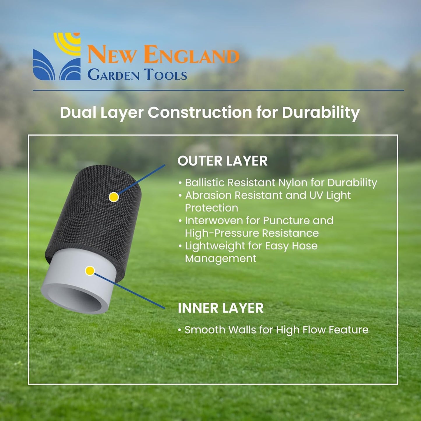 Flat Garden Hose (100 foot x 5/8 inch) Lightweight, Durable Fiber Jacket, Flexible & Kink Free, Non-Expandable Water Hose, Easy Handling in All-Weather Conditions, 700010 by New England Garden Tools