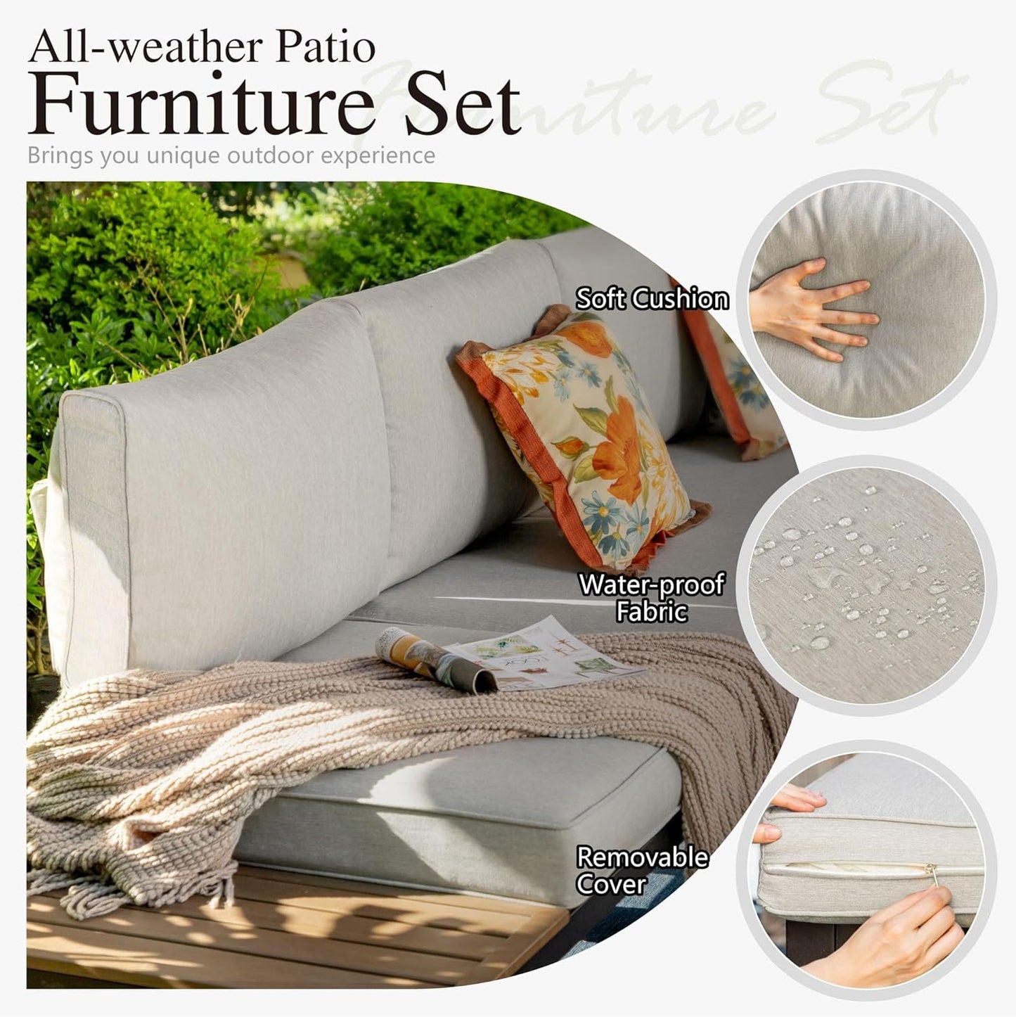 Sophia & William 6 Pieces Patio Furniture Set with 45" Fire Pit Table, Metal Outdoor Sectional Sofa Set -2 x Single Couch with Side Table,2 x Single Sofa,1 x Loveseat,1 x Propane Fire Pit