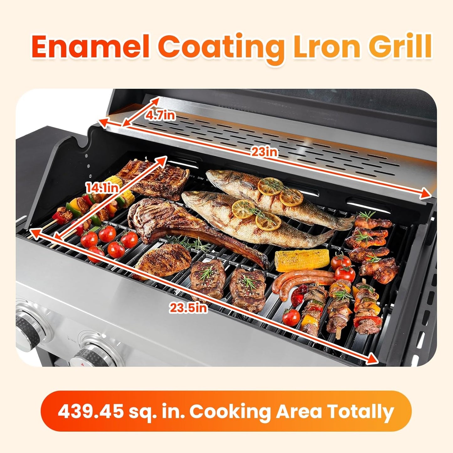 4-Burner Propane Gas BBQ Grill with Side Burner, Porcelain-Enameled Cast Iron Grates and Side Tables, 46,790 BTU Stainless Steel Grill for Outdoor Camping Barbecue Grilling Backyard Cooking