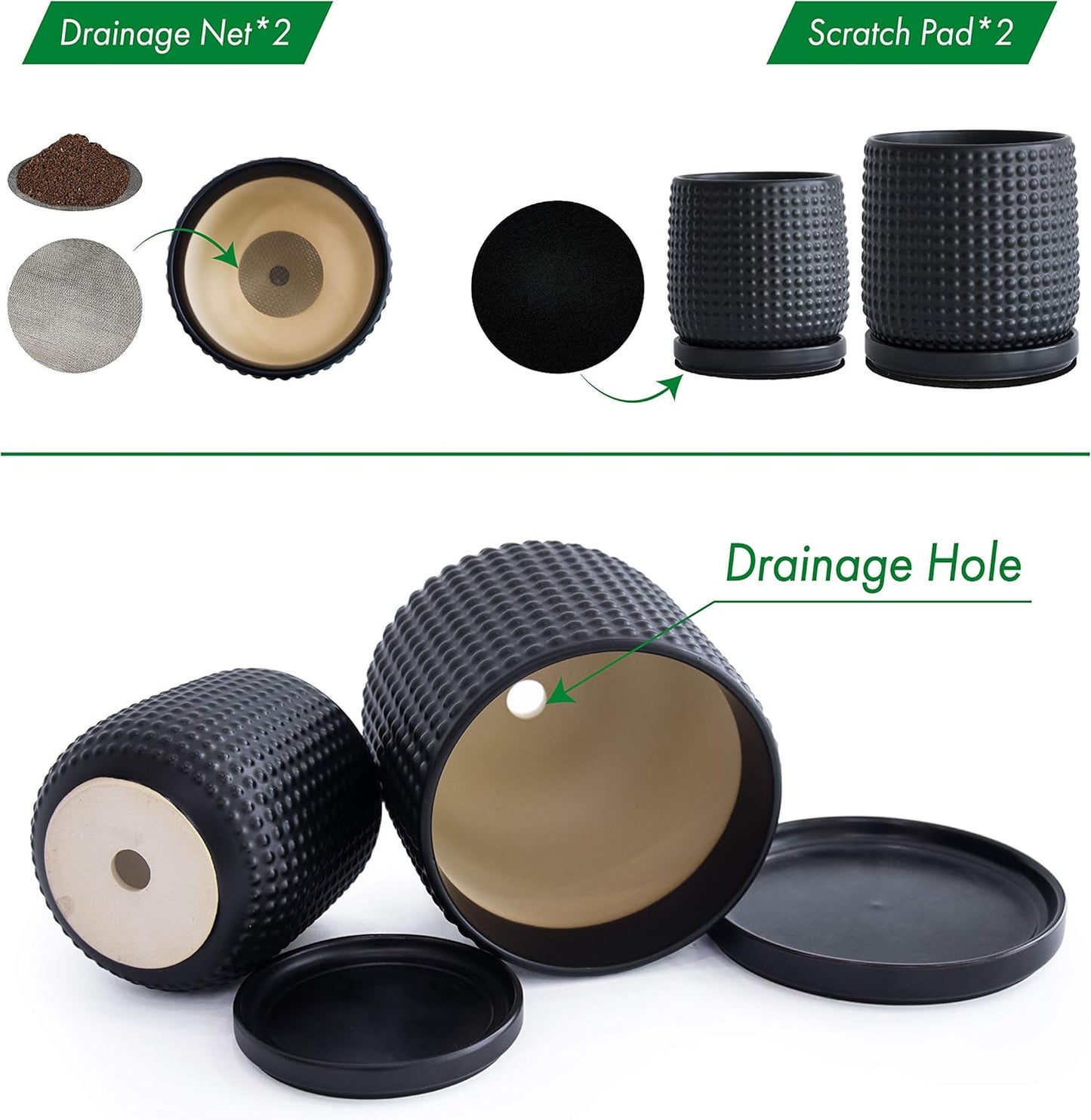 D'vine Dev 6 Inch 4 Inch Ceramic Indoor Planter Pots with Drainage Hole and Saucer, Beaded Design Flower Pots, Set of 2, Matte Black, 27-D-U-6