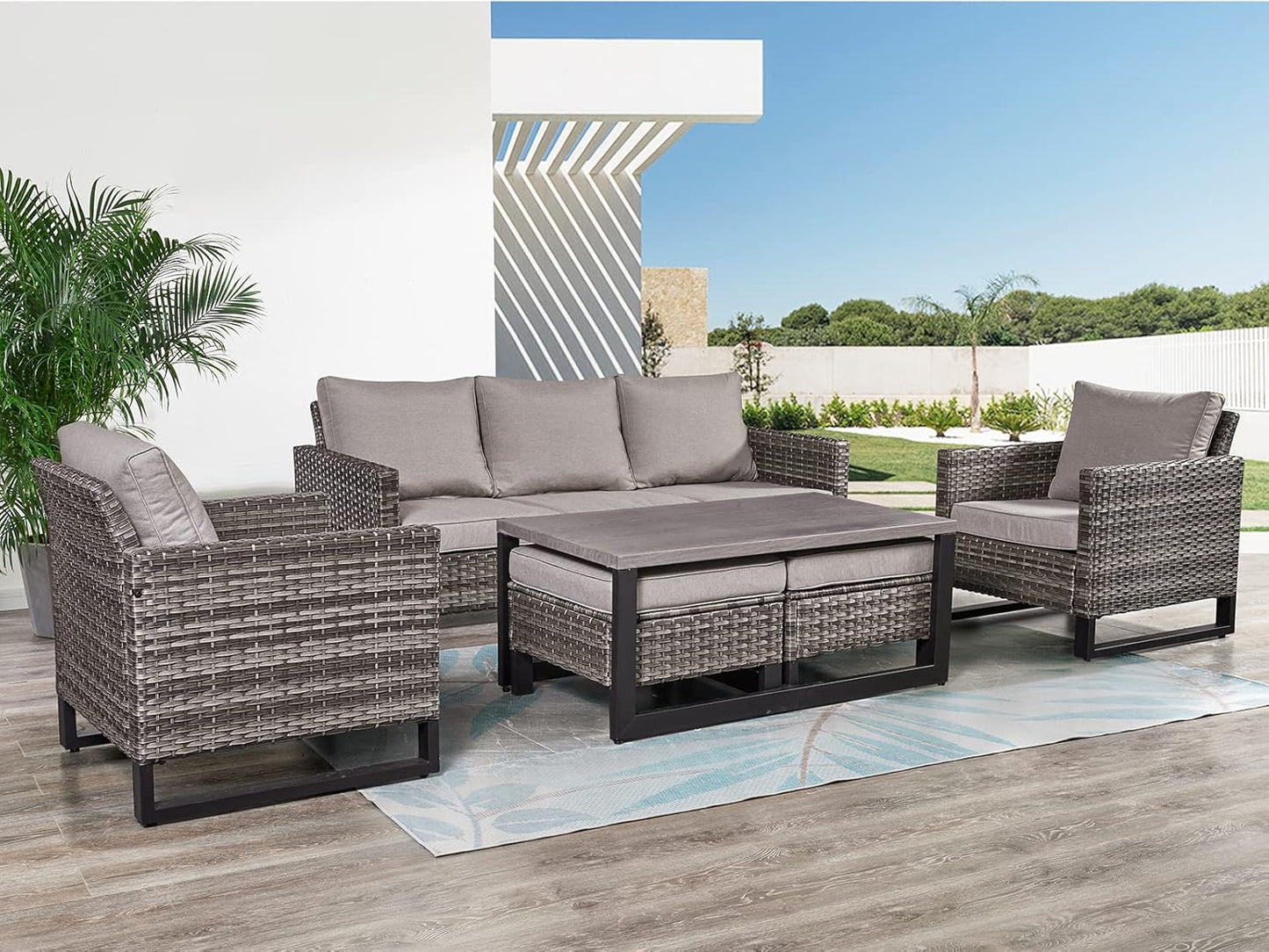 HUMMUH 6 Piece Patio Furniture All Weather Wicker Outdoor Sectional Sofa,High Back Patio Chairs,Coffee Table and Ottomans Set for Porch,Garden,Backyard